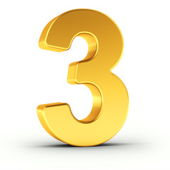The number three as a polished golden object with clipping path