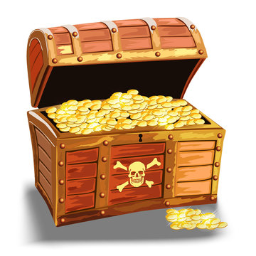 wooden pirate chest with golden coin