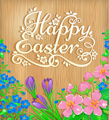 Happy Easter flowers wooden banner