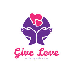 Vector clean charity center logo. Hospital logotype with hands and heart