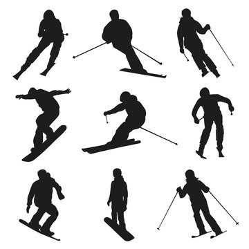 Skier and snowboarder. Set of vector silhouettes