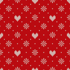 Seamless Knitted Pattern with Hearts and Snowflakes