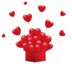 Red heart shaped balloons coming out of the box, on white background. Vector illustration.