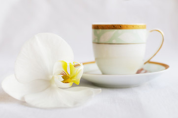 Obraz na płótnie Canvas Tasty white porous chocolate and cup of coffee