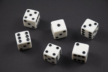 Rolled dice showing the numbers one to six