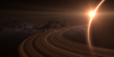 planet saturn with rings at sunrise on the space background  - obrazy, fototapety, plakaty