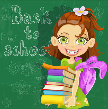 Banner Back to school - cute girl with books at the board ready