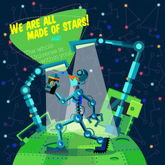 Vector illustration in flat style about Robot. Greeting card