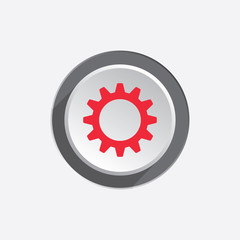 Gear icon. Cogwheel symbol. Red sign on round three-dimensional white-gray button with shadow. Vector isolated