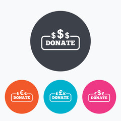 Donate money signs. Dollar, euro and pounds.