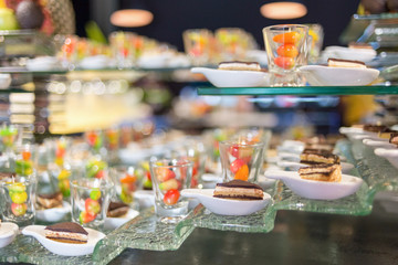 Desserts, The colorful plating and chocklate cake served on a party.