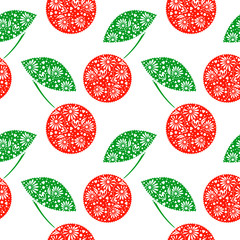 Seamless vector pattern,  bright fruits background with decorative ornamental closeup cherry, on the white backdrop. Series of Fruits and Vegetables Seamless Patterns.