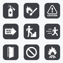 Fire safety, emergency icons. Extinguisher sign.