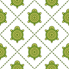 Seamless vector pattern with animals. Symmetrical background with turtles and rhombus on the white backdrop. Series of Animals and Insects Seamless Patterns.