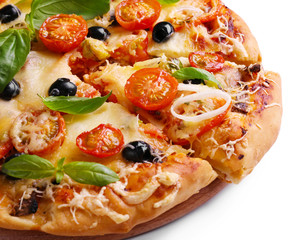 Delicious fresh pizza on white background closeup