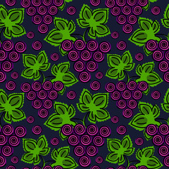 Vector fruits seamless pattern. Bright background with grape and leaves on the blue backdrop. Series of Fruits and Vegetables Seamless Patterns.