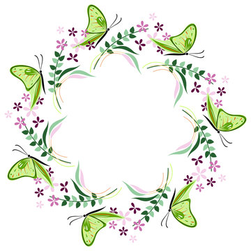 Floral frame with insects. Colorful flowers, leaves and butterflies arranged in a shape of the circle. Vector design. Series of Cards, Blanks and Forms.