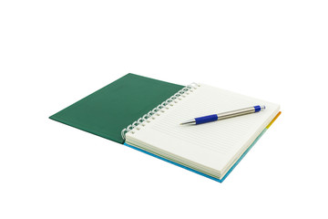 Open green book with pen.