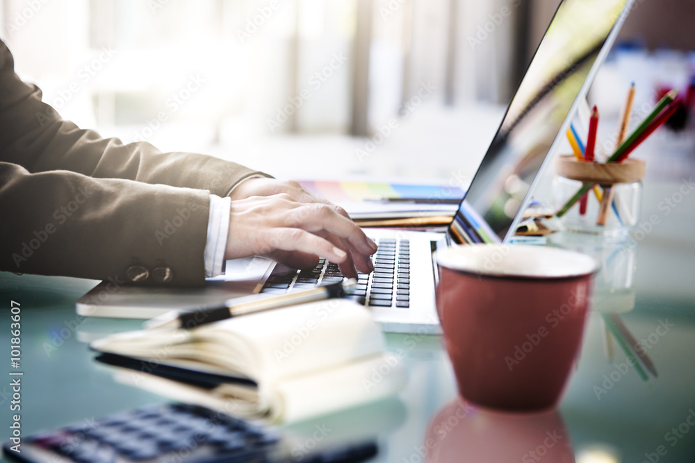Poster businessman working typing using notebook concept