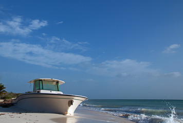 Beached Boat on Isla Blanca peninsula Cancun Mexico