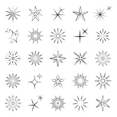 Obraz premium Sparkles, starbursts and fireworks. Black linear icons on white background. Vector illustration