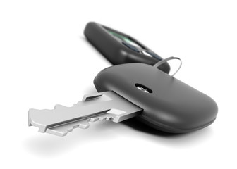 Car key with remote control closeup on white background. 3d rend
