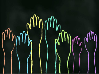 Class Participation - Colored chalk drawing on blackboard of all hands raised up