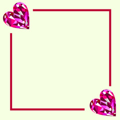 Obraz premium Vector greeting card. White form with pink gems in the shape of hearts and border. Series of Cards, Blanks and Forms.