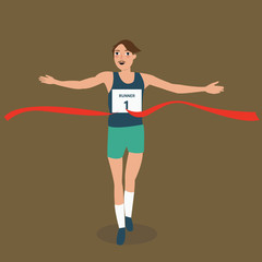 man running runner athlete finish crossing red ribbon line winner vistory success
