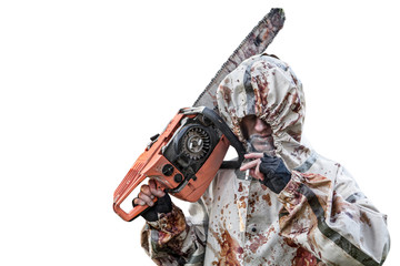 Smoking maniac with the chainsaw