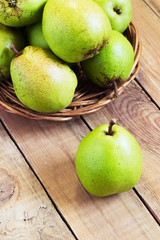 Fresh organic pears on old wood. Pear autumn harvest