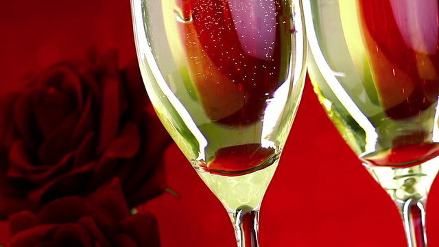 pouring champagne flutes with bubbles near red roses on red bokeh background, love and valentine day concept dolly camera movement