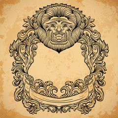 Antique border frame engraving with lion head and baroque cartouche ornament. Isolated elements. Vintage design decorative element in baroque style on aged paper. Retro hand drawn vector illustration