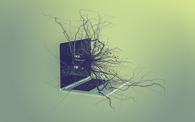 Social media icons set on the root growing out of laptop.