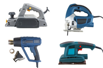 collage of power tools for home handyman use, isolated over white background