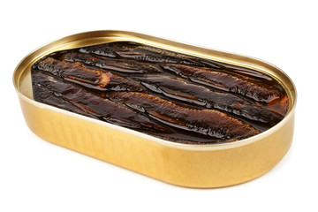 An open oval can of sprats