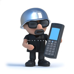 3d Biker chats on a mobile phone