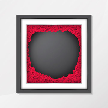 Chalkboard background texture in vintage style with red rose flower in photo frame,To adapt idea for valentine day,lettering,celebration brochure,label,advertising,poster,card,vector illustration