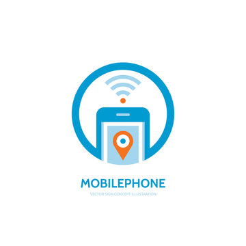Mobile location vector logo concept illustration. Smarthone vector logo creative design. Mobile technology logo. Cellpnone logo. Wi-fi mobile phone logo design. GPS location in smartphone.