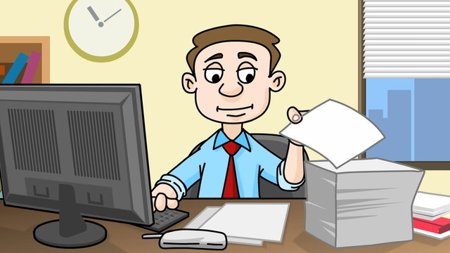 Tired and stressed businessman is working with documents and computer at a workplace in office. Animated cartoon.
