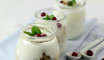 Healthy breakfast - yogurt with oatmeal and berries diet concept. Selective focus.