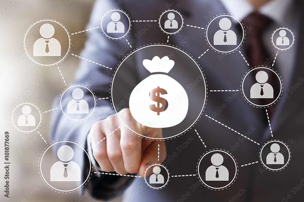 Poster businessman push button with dollar currency web icon
