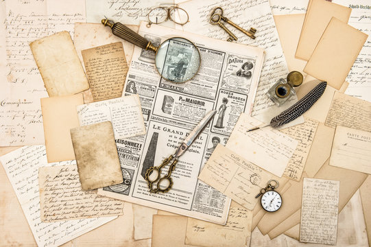 Antique office accessories, old letters and postcards