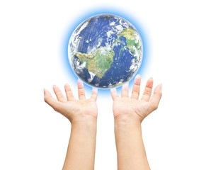 earth in hands on a white background. Elements of this image fur