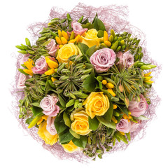 Bouquet of flowers top view isolated on white