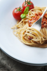Italian pasta bolognese with meat and tomato