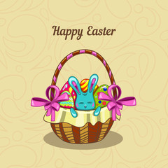 Greeting card with Easter bunny in a basket