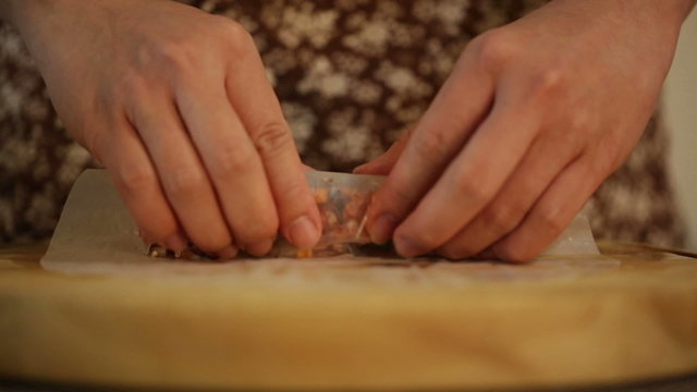 Vietnamese chef making traditional spring rolls.
