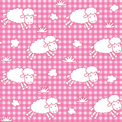 Seamless pattern with funny sheeps and clouds