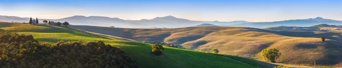 Fototapeten Tuscany landscape panorama at sunrise with a chapel of Madonna d © Photocreo Bednarek